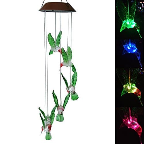 Solar Mobile Wind Chime with Color-Changing LED Lights - Waterproof Hummingbird Wind Chimes for Home, Party, Garden Decoration (Copper Board Hummingbird)