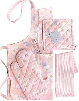 PIXEL HOME DECOR Apron with Oven Mitt and Pot Holder with Kitchen Towel (Pink Blossom), 60cmx85cm