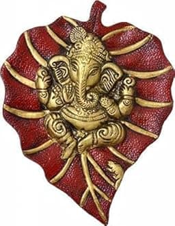 Craft Trade Ganesh on Leaf Metal Wall Hanging Decorative Religious Showpieces for Home Décor, Living Room, Pooja Room, Temple and House Warming Gift - Red