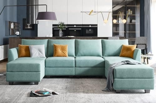 HONBAY Modular Sectional Sofa U Shaped Modular Couch with Storage, Convertible Modular Sectional Couch for Living Room, Aqua Blue