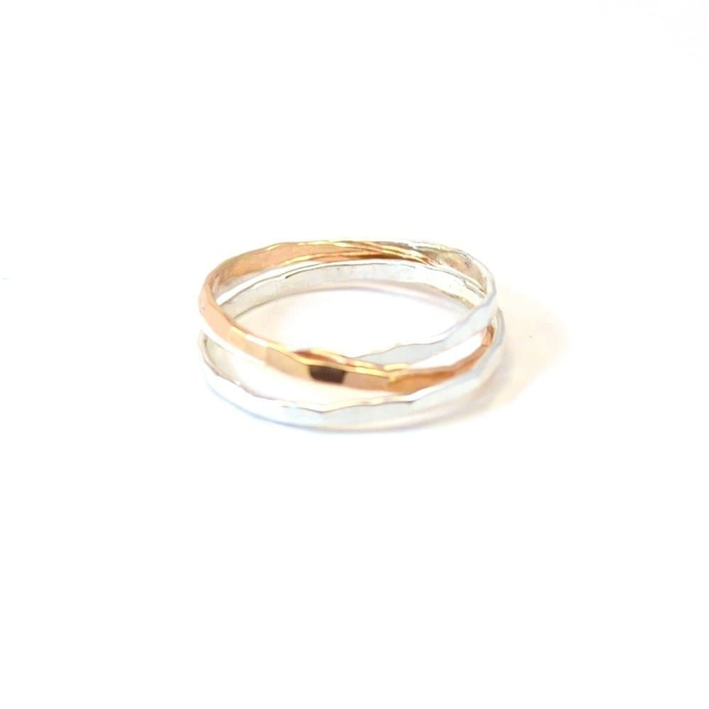 Gold + Silver Interlocking Rings. Hammered Rolling Rings. Two Tone Russian Wedding Band.