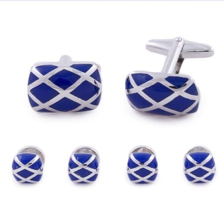 Tuxedo Stud and Cufflink Set Puffed Rectangle with Silver Tone and Blue Inlay