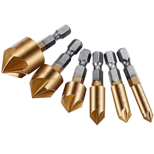 Countersink Drill Bit, 6 Pcs 1/4'' Hex Shank HSS 5 Flute Countersink 90 Degree Center Punch Chamfering Tools for Wood Quick Change Bit 6/8/9/12/16/19mm