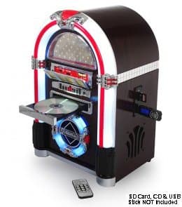 Table Top JUKEBOX (Large - 47cm tall) - Automatic LED Colour changing Tube Lighting -CD Player, AM / FM Radio, Encode Recording CD to USB / SD Card (inc MP3 Playback), AUX IN Remote Control - Digital Display – Ricatech RRUK792 Juke box - Real Wood Veneer - 2 year guarantee (Dark Oak Colour)