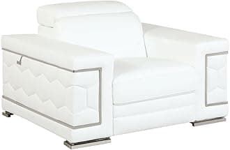 Blackjack Furniture Usry Top Grain Italian Leather Sofa Chair with Multi-Position Adjustable Headrests, Elegant Contemporary Design with Chrome Trim and Durable Wood Frame, White