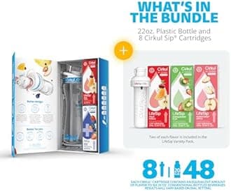 Cirkul Big Kid Bundle - 22oz. Plastic Water Bottle Starter Kit with Blue Lid, 2 Flavor Cartridges and LifeSip Flavor Cartridge Variety Pack with B vitamins, 6-Pack Zero Sugar Drink Mix