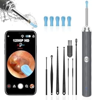Ear Wax Removal Tool Camera, (1296P) Ear Cleaner with Light and Camera Ear Wax Cleaner with 8pcs Ear Set, Earwax Removal Kit Compatible with iPhones, iPad, Android Phones，Grey…