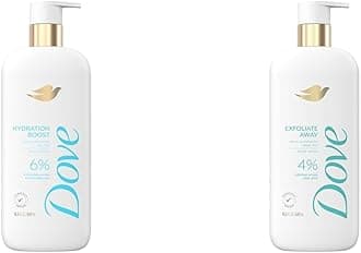 Dove Body Wash Hydration Boost Actively drenches dry skin 6% hydration serum with hyaluronic 18.5 oz & Body Wash Exfoliate Away Micro-polishes for silkier skin 4% refining serum with AHA 18.5 oz