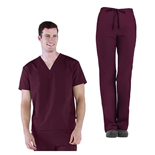 Tru Basic Unisex V-Neck Top 10101 & Drawstring Cargo Pant 90101 Scrub Set (Wine, Small)