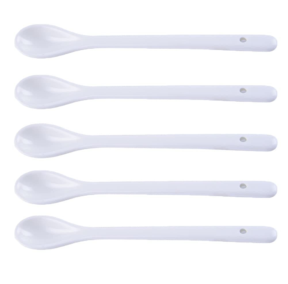 AKOAK 6.7" Ceramic Egg Spoon Set (5 Pieces), White Long-Handled Teaspoon for Coffee, Tea, Yogurt, Ice Cream, Sauces and Desserts, Espresso Stirrer