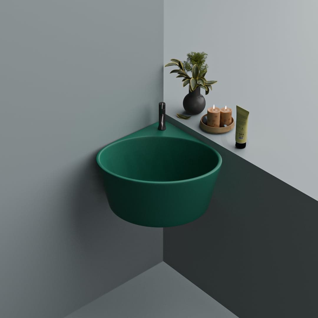 Ceramic Corner Basin/wall Mount Basin for Bathroom/wall Hung Wash Basin/small Corner Sink (Green)