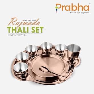Prabha Stainless Steel Dinner Set of 9 Pcs | Shagun Rajwada Gold Thali Set For Serving | Bhojan Thal Kitchen Dinnerware Set Ideal Gifting Anniversary, Wedding | Durable, Cleanable, Useable, High Grade