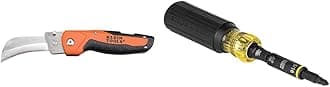 Klein Tools 44218 Lockback Electricians Knife With Hawkbill Blade & 32500HD Multi-Bit Screwdriver/Nut Driver, Impact Rated 11-in-1 Tool With Phillips, Slo