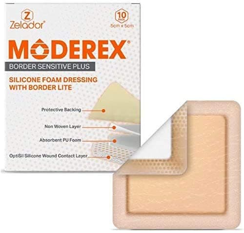 Silicone Lite Foam Dressing (Moderex Border Sensitive Plus) with Border for Light to Moderate exuding Wounds for Sensitive Skin (10x10cm x 10)
