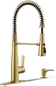 KOHLER K-REC22745-SD-2MB Semi-Professional Kitchen Faucet with Soap Dispenser/Lotion Dispenser, Commercial Kitchen Sink Faucet with Pull-Down Sprayhead, Vibrant Brushed Moderne Brass