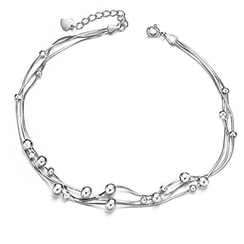 Multi Layer Chain Anklets with Small Beads 925 Sterling Silver Fashion Anklets for Woman