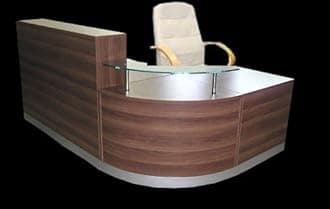 RECEPTION DESK WALNUT CURVED GLASS UNIT ALUMINIUM PLINTH COMPUTER TABLE SHOP COUNTER DESK RECEPTIONIST WORKING DESK OFFICE DESK MEETING TABLE
