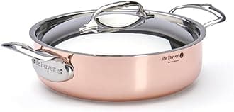 InoCuivre De Buyer 6441.24 Sauté Pan with 2 Cast Stainless Steel Handles and Lid, 2 mm Thick, 24 cm Diameter