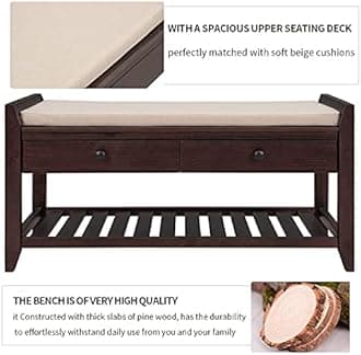 P PURLOVE Storage Bench with Cushioned Seat and Drawers,Entryway Shoe Rack for Front Door Entrance,Hallway,Living Room