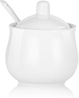 Ceramic Sugar Bowl with Lid and Spoon, Porcelain Sugar Salt Pepper Storage Jar, 7 Ounces