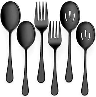 LIANYU 6-Piece Black Serving Spoons and Forks, 8 3/4 Inch Stainless Steel Buffet Catering Party Banquet Serving Spoon Fork Set, Dishwasher Safe