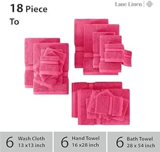LANE LINEN Luxury Bath Towels Set - 100% Cotton Bathroom Towels, Quick Dry Shower Towels, Extra Aborbent Bath Towel, Super Soft, 6 Bath Towels, 6 Hand Towels, 6 Wash Cloths (18 Pack) - Fuchsia