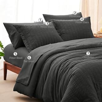 CozyLux King Size Comforter Set Dark Grey Seersucker 7 Pieces Bed in a Bag King Comforter Set with Sheets, Luxury Bedding Set with Down Alternative Comforter, Sheets, Pillowcases & Shams All Seasons