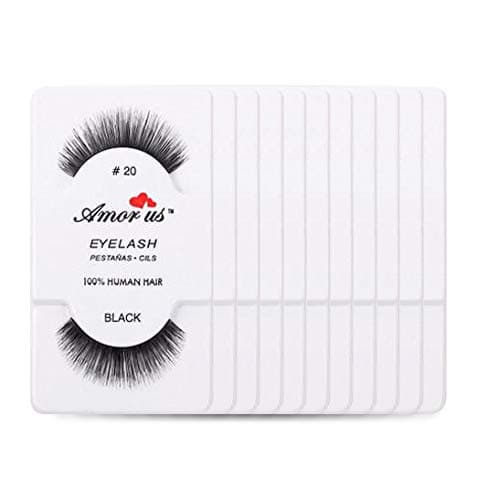 Amorus 12 Pairs Multipack #20 False Eyelashes Dozen Set 100% Natural Hair Black Handmade Comfortable Reusable Strip Fake Lashes Pack