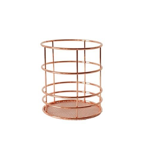 Rose Gold Coating Stainless Steel Wire Cylinder or Rectangular Pen Pot Holder on Desk and Table for Home and Office Use（round）