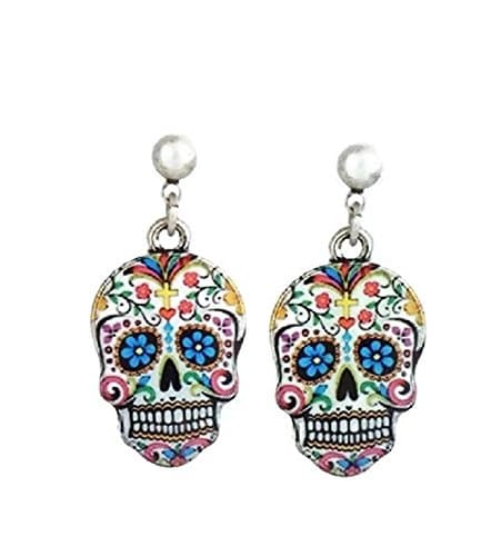 Pizazz Studios Sugar Skull Dangle Earrings White Silver Tone