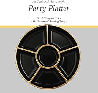 Plasticpro 6 Sectional Round Plastic Serving Tray/Platters Black & Gold Pack of 8