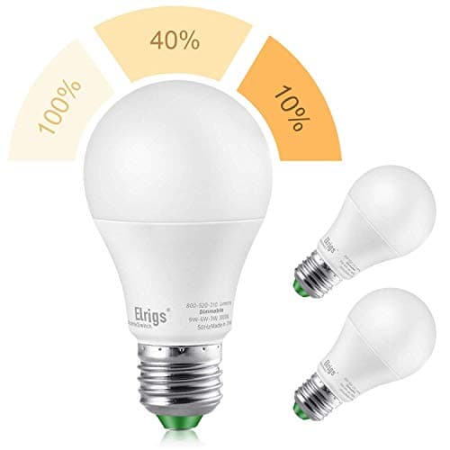 Elrigs 3-Setting A19 LED Light Bulb, 9W-6W-3W, 120 Volt, No Dimmer Needed, Warm White(3000K), E26 Medium Base, 60W-40W-25W Equivalent, 800/520/210-Lumen, Pack of 2