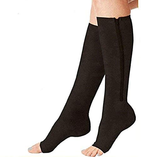 Zipper Compression Socks 2 Pair Zip Guard Skin Protection & Open Toe Compression Medical Zip Socks15-20mmHg Zipper Leg Support Unisex (Light Black, XXL)