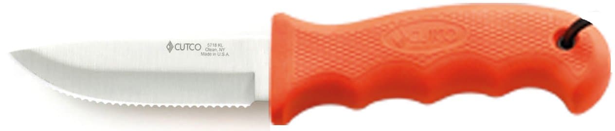 CutcoModel 5718 Orange Drop Point Knife with Double-D serrated edge blade ..................4 1/4" High-Carbon blade and 4 3/4" Kraton Handle........................Leather sheath and lanyard included.