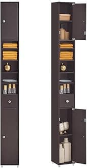 Haotian Bathroom Narrow Storage Cabinet, Skinny Tall Unit with Adjustable Shelves Slender Anti-Tipping Floor Standing Cupboard, Brown BZR34-BR