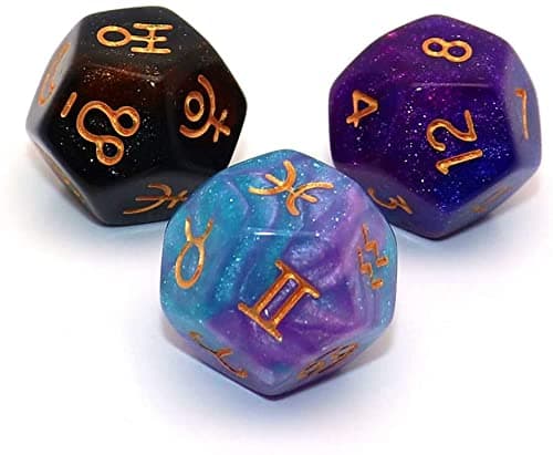 3 Pack Acrylic Astrological Dice for Constellation Divination Dice Table Games Accessory 3 Colors D12 Glitter Dice Set (Starry sky)