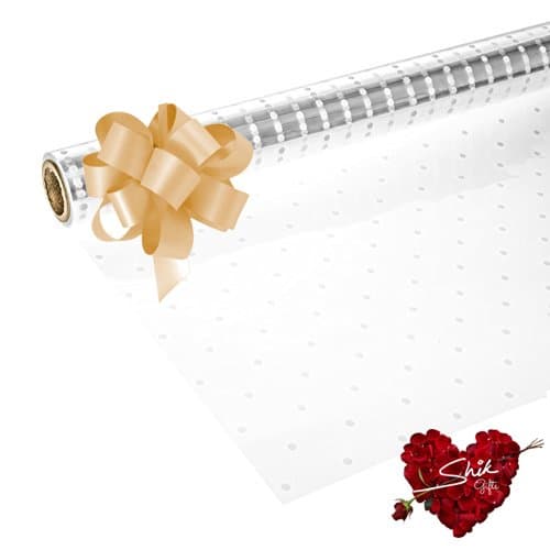 2m x 80cm White Dot Cellophane (Folded) Florist Clear Wrap Hamper Flowers/Bouquet Gift Wrapping with Gold pull bow