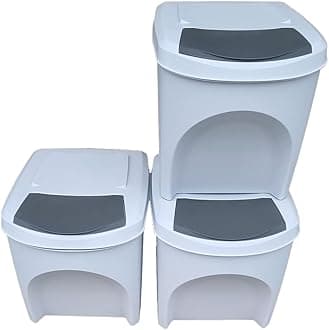 Large Stackable Recycling Bins Set of 3x25L (Brand KrysGo) - Customizable Lids with Recycling Stickers - Waste Sorting for Home, Kitchen, Office (White + Grey)