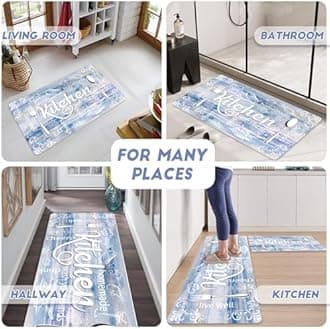 XLHOMO Kitchen Mats for Floor, Non Slip Blue Nappa Leather Kitchen Rugs Sets of 3, Farmhouse Washable Kitchen Runner Rugs Stain Resistant for Kitchen, Laundry Room, Bathroom, Entryway Carpet Decor