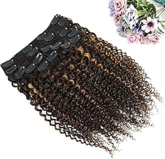 Urbeauty 4/30 Kinky Curly Clip in Hair Extensions,10 Inch 3c 4a Clip in Hair Extensions for Black Women Chocolate Brown Mix Medium Auburn Curly Hair Extensions Clip Ins 10Pcs/Set Full Head 10a Grade