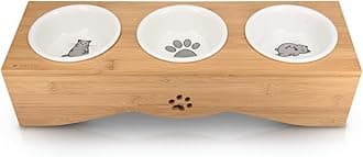 Navaris Raised Cat Bowls - Elevated Triple Cat Food Bowl Feeder - Ceramic Feeding Dishes with Bamboo Stand - 3 Dish Feeding Station Set with Printed Designs