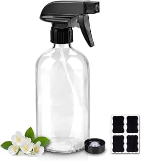 Glass Spray Bottles, 16oz Refillable Containers, Empty Boston Round Bottles with Labels & Adjustable Nozzle for Cleaning, Gardening, Aromatherapy, Pets, Plant, Hair -Clear (1 Pack)
