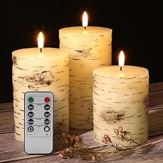 Eywamage Birch Bark Flameless Pillar Candles with Remote, Flickering Rustic Battery LED Wood Candles Set of 3