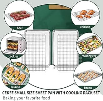 4 PCs Small Baking Sheet with Wire Rack Set [2 Baking Pans + 2 Cooling Racks], CEKEE 10 Inch Stainless Steel Small Baking Tray with Rack Set - Rust & Warp Resistant & Easy Clean Baking Pan with Rack
