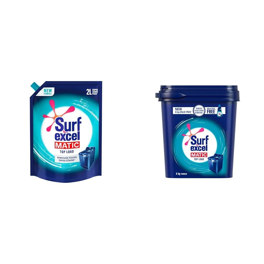 Surf Excel Top Load Matic Liquid Detergent Pouch - 2 L & Matic Top Load Detergent Powder - 4 Kg with Free 2 Kg Combo