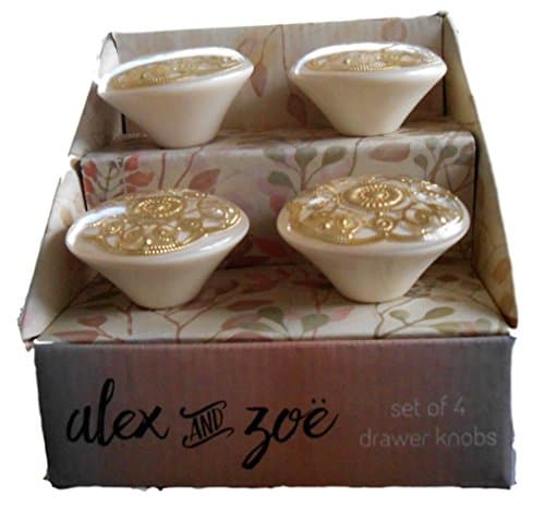 Alex and Zoe Drawer Knobs Pulls Elegantly Shabby Chic Ivory with Gold Set of 4
