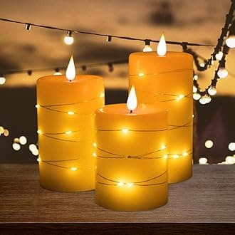 Rechargeable Flameless Candle, Flickering LED Pillar Real Wax Candle with Fairy Lights, Remote Control and Timer, Upgraded Teardrop Wick, Built-in Battery Electronic Candle, Set of 3