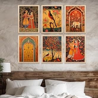 kotart Traditional Art Wall Painting Madhubani Home Decoration With Frame For Living Room Bed Room Hotel Wall Decor Digital Reprint Engineered Wood Set of 6 (S)