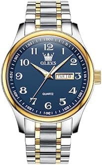 OLEVS Blue Watch for Men Stainless Steel Analog Large Number Watches with Date and Date Casual Luminous Two Tone Band Men's Wrist Watch Easy Reader Men Dress Watch Arabic Male Nice Metal Watch Quartz