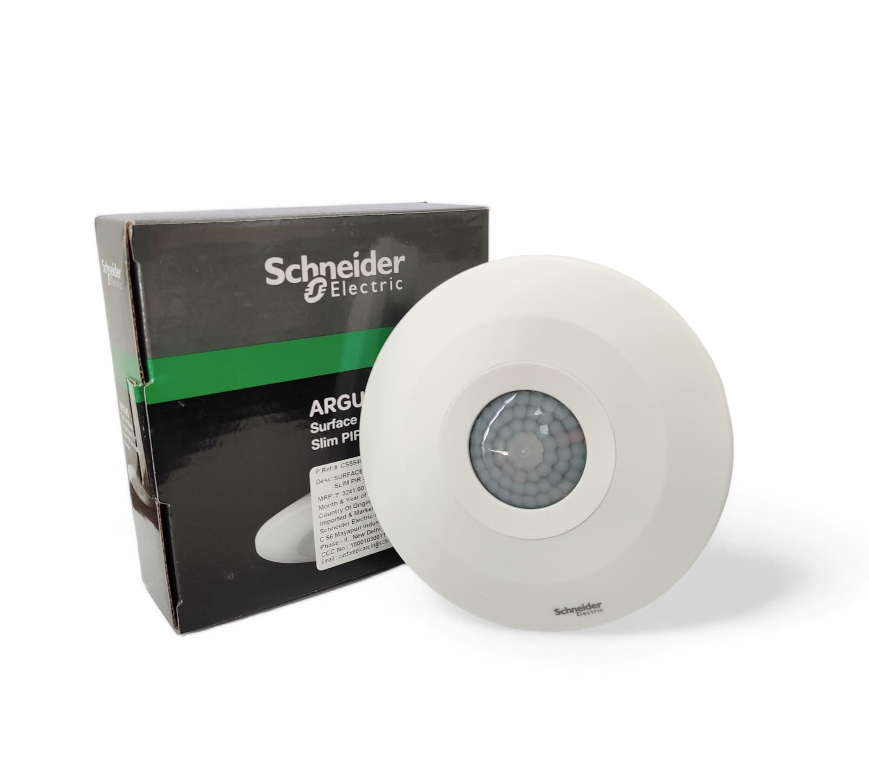 Schneider Electric 360° Slim PIR Occupancy Motion Sensor | Ceiling Mount Presence Detector with Lux Sensor & Adjustable Timer | 230V Energy-Saving Light Control for Home & Office | White (CSS54E_WE)